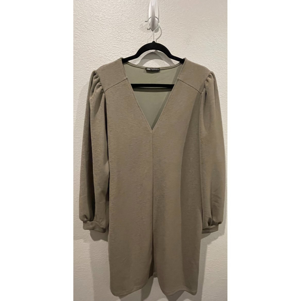 ZARA Olive Green Long Sleeve V-Neck Mini Dress